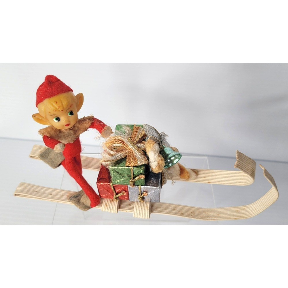 Vintage Pixie Elf Doll on Sleigh Christmas Decoration 8" Ornament RARE